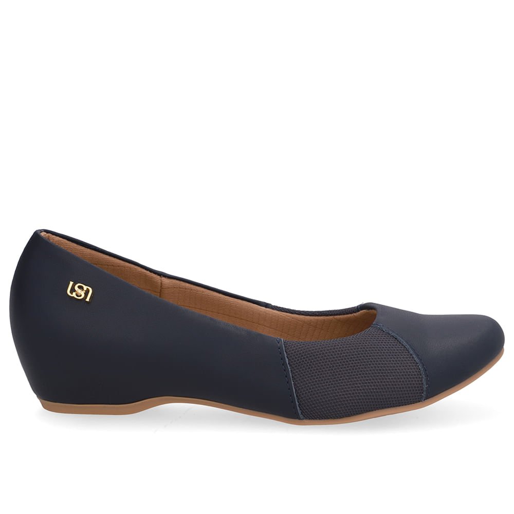 Sapatilha Salto Embutido Couro Azul Lateral Tecido