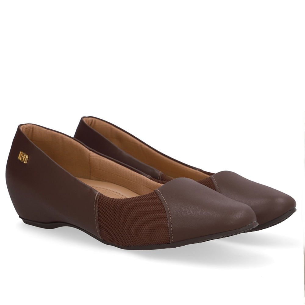 Sapatilha Salto Embutido Couro Marrom Lateral Tecido Marrom 2