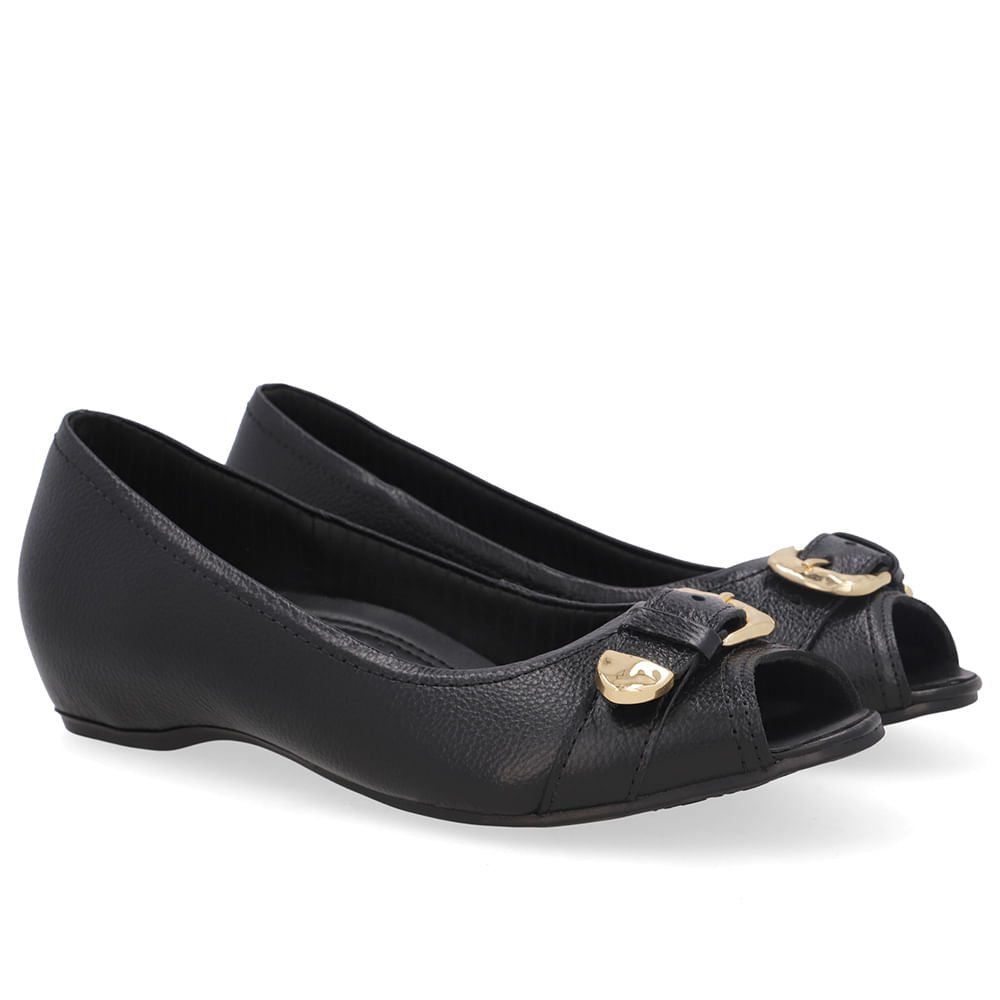 Peep Toe Salto Embutido Preto Couro Fivela Preto 2