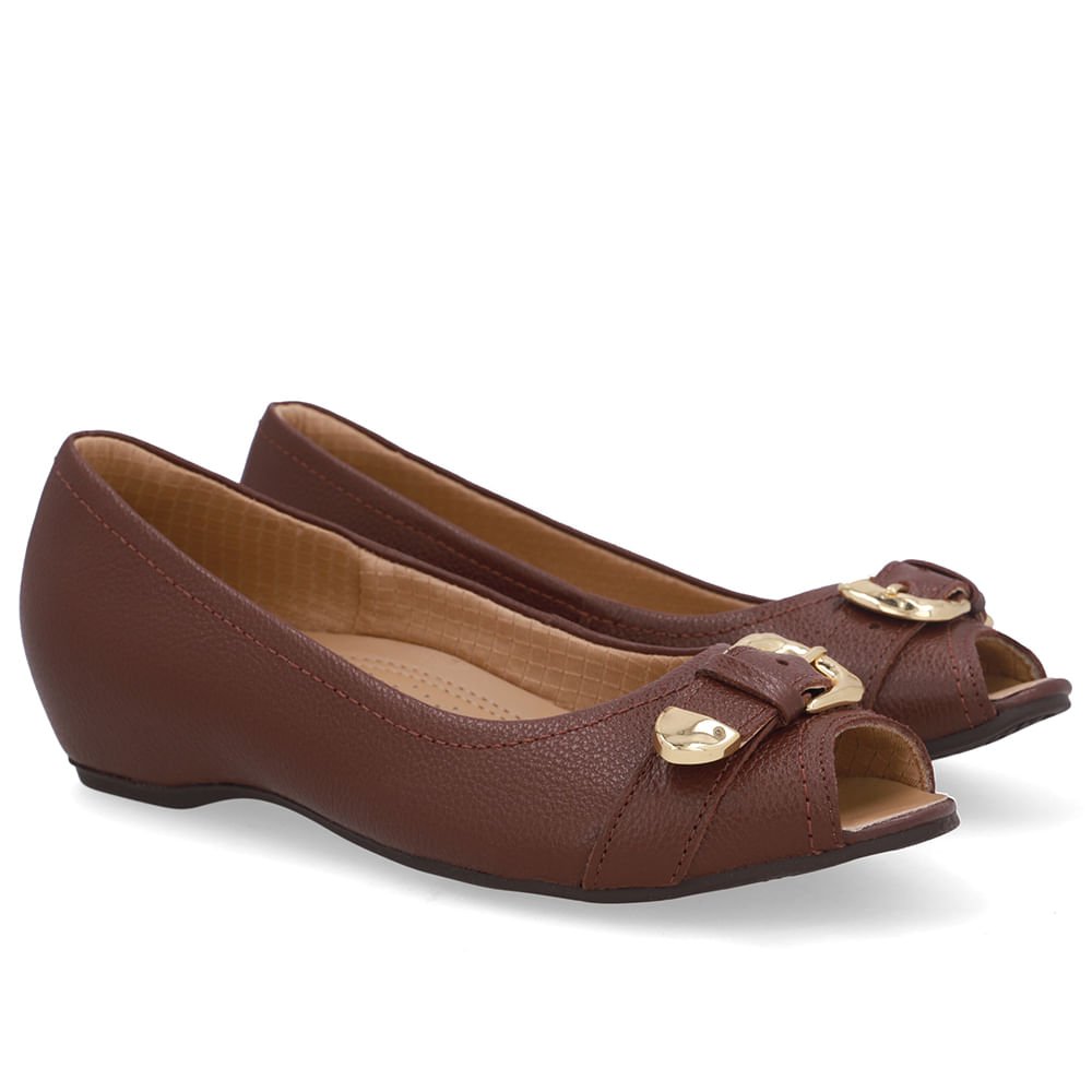 Peep Toe Salto Embutido Vermelho Couro Fivela Marrom 2