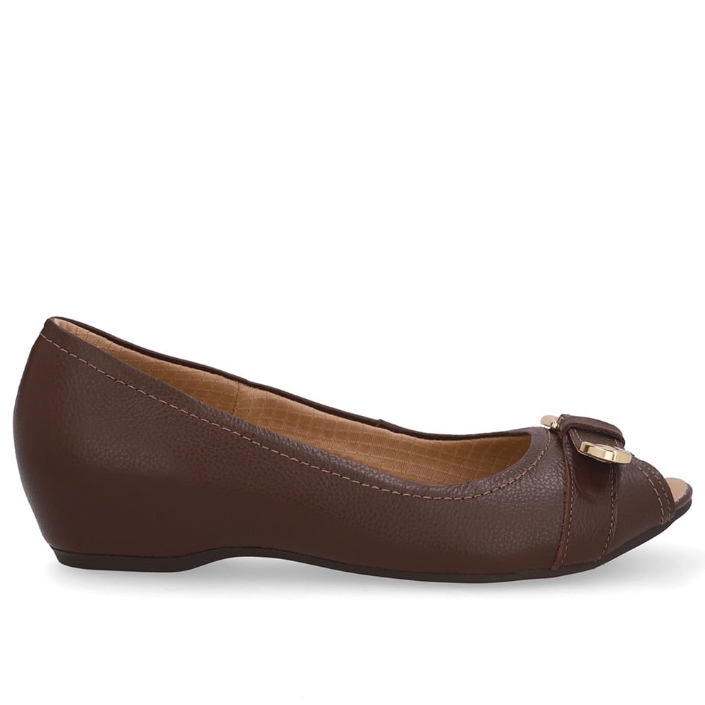Peep Toe Salto Embutido Marrom Couro Fivela