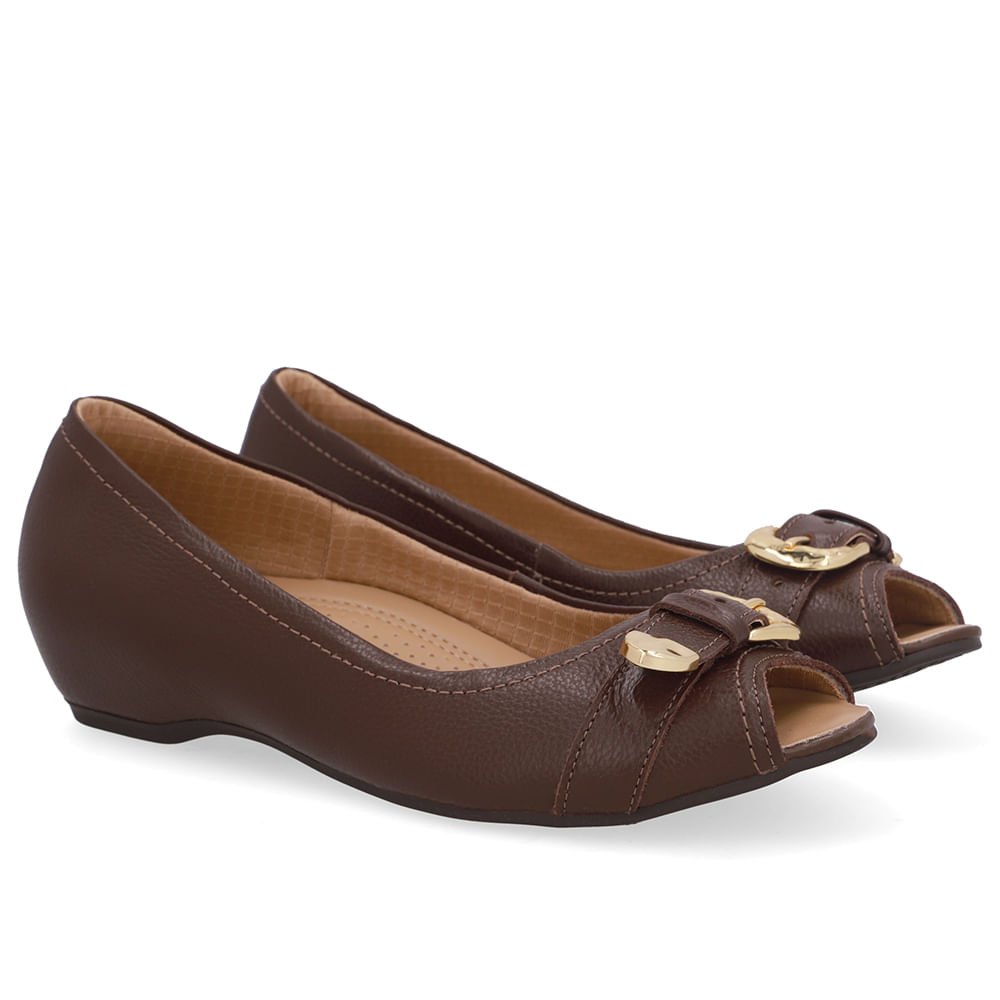 Peep Toe Salto Embutido Marrom Couro Fivela Marrom 2
