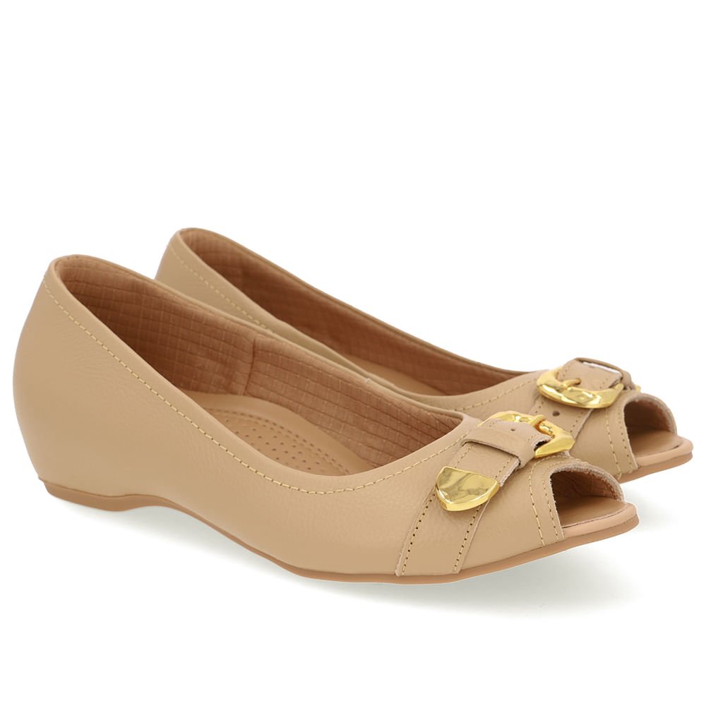 Peep Toe Salto Embutido Bege Couro Fivela Bege 2