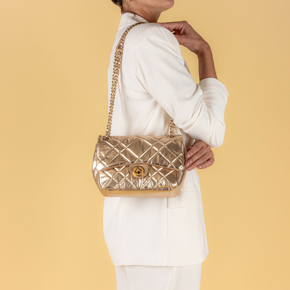 Bolsa Tiracolo Couro Metalizada Ouro Matelassê Dourado 4