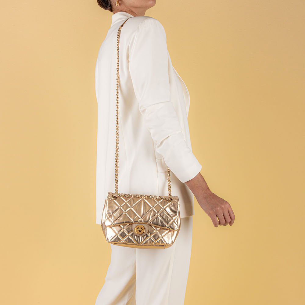 Bolsa Tiracolo Couro Metalizada Ouro Matelassê Dourado 5
