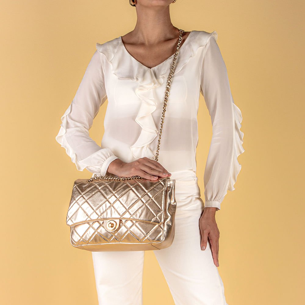 Bolsa Tiracolo Couro Metalizada Ouro Matelassê Dourado 5