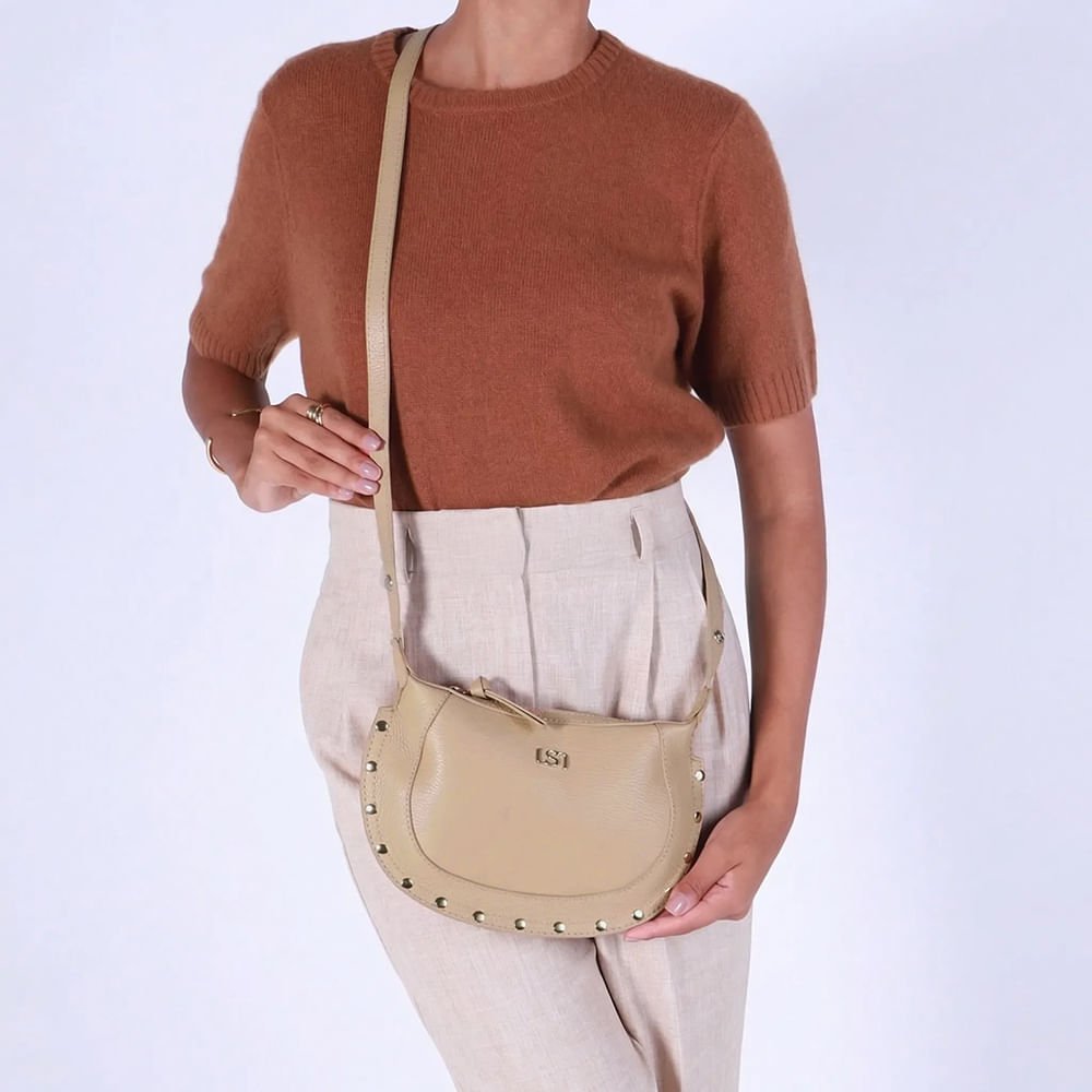Bolsa Tiracolo Couro Bege Tachas Bege 5