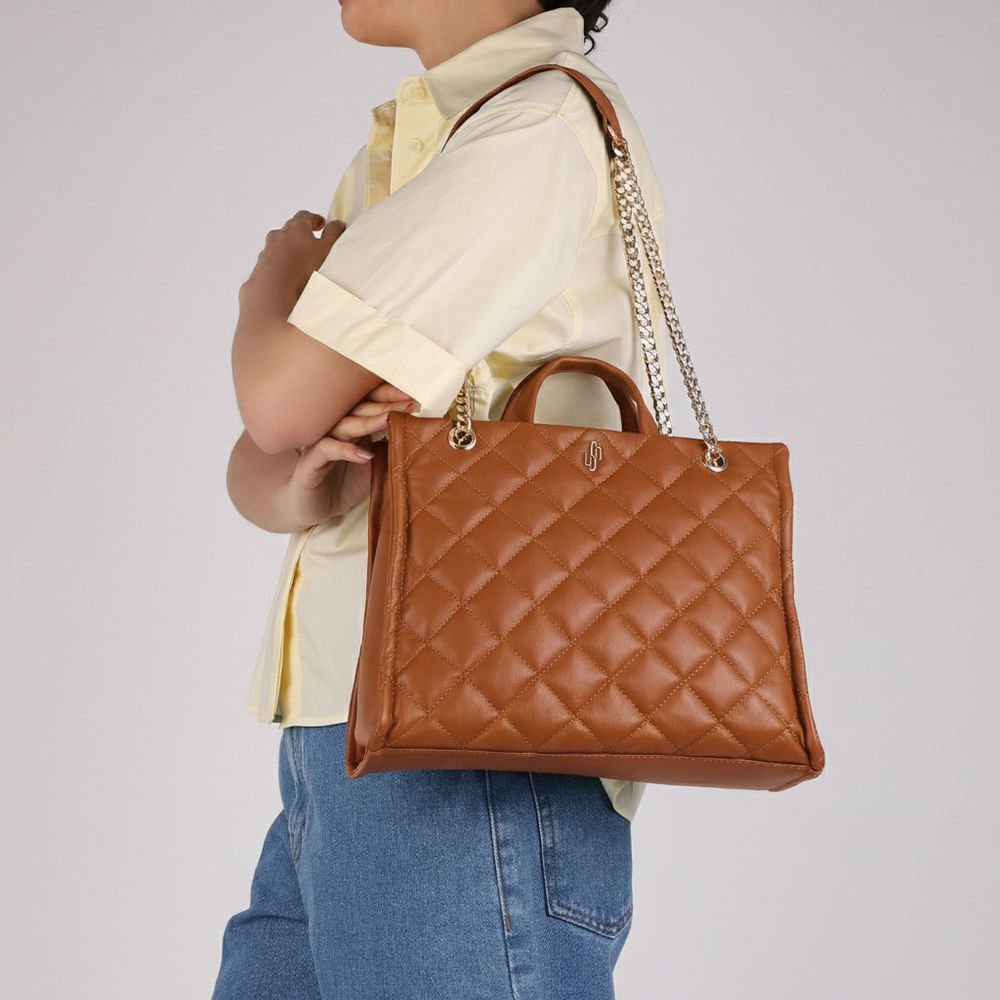 Bolsa Shopper Couro Metalassê Marrom Claro Marrom 4