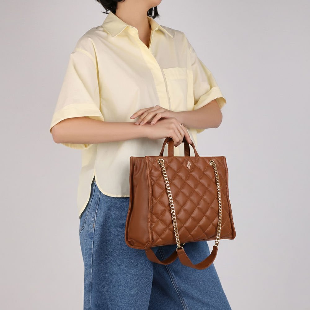 Bolsa Shopper Couro Metalassê Marrom Claro Marrom 5