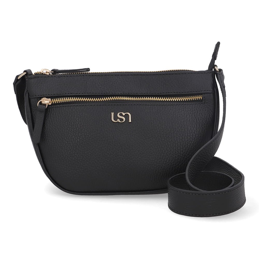 Bolsa Tiracolo Couro Preta Zíper Frontal