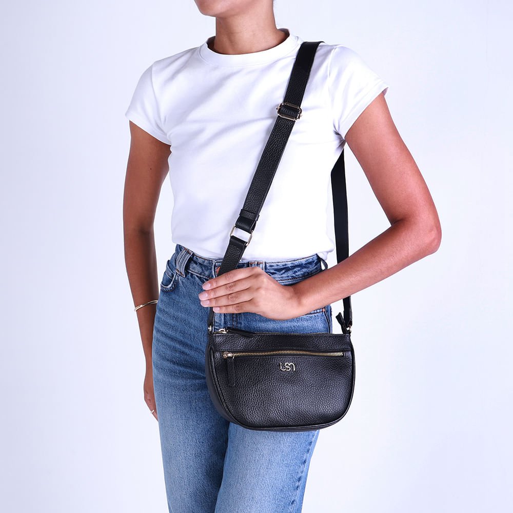 Bolsa Tiracolo Couro Preta Zíper Frontal Preto 4