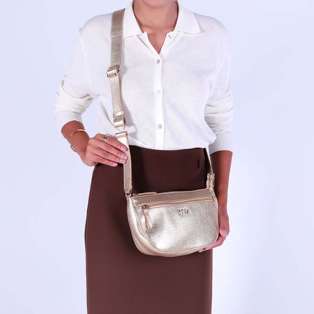 Bolsa Tiracolo Couro Metalizada Ouro Zíper Frontal Dourado 4