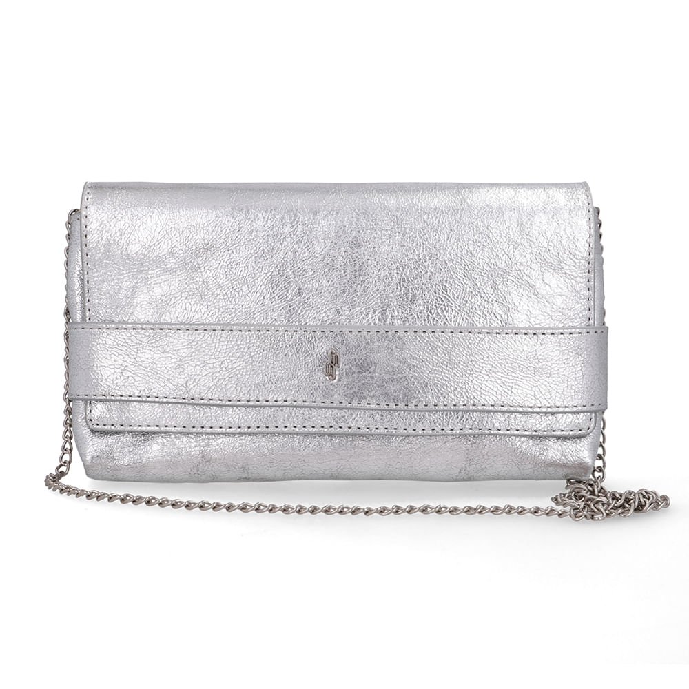 Bolsa Clutch Couro Metalizado Prata