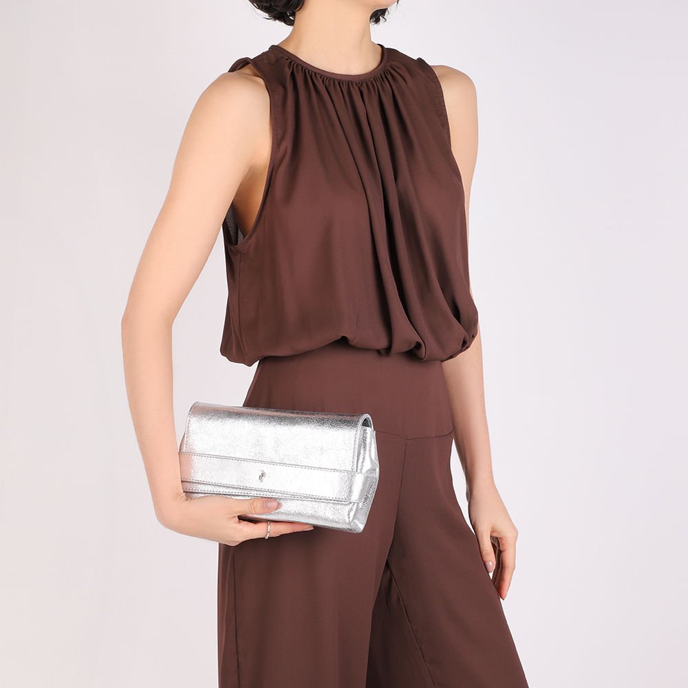 Bolsa Clutch Couro Metalizado Prata Prata 5