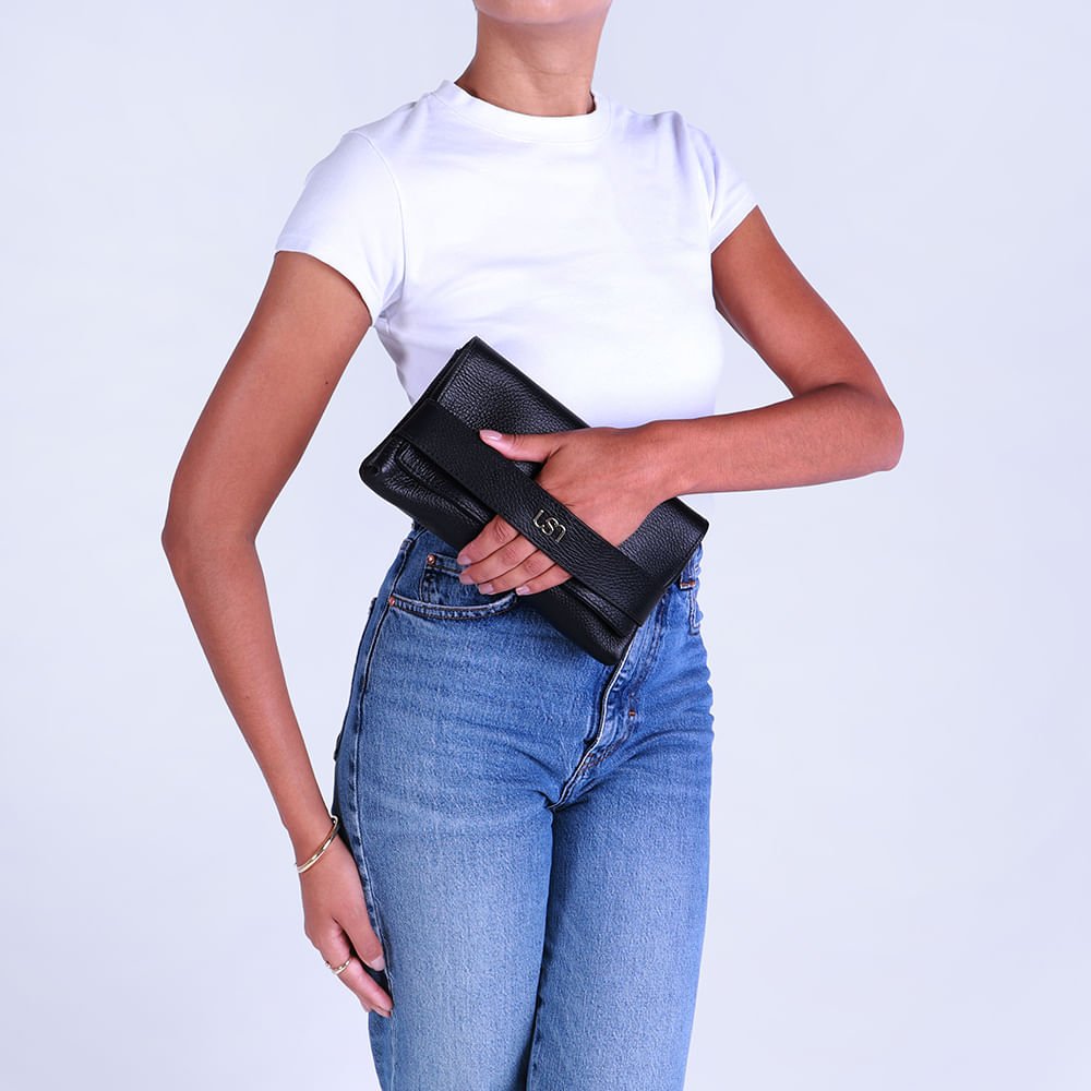 Bolsa Clutch Couro Preta Preto 5