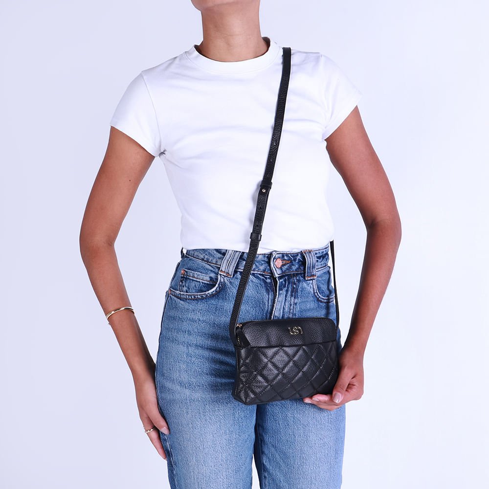 Bolsa Tiracolo Couro Preta Alça Longa Preto 4