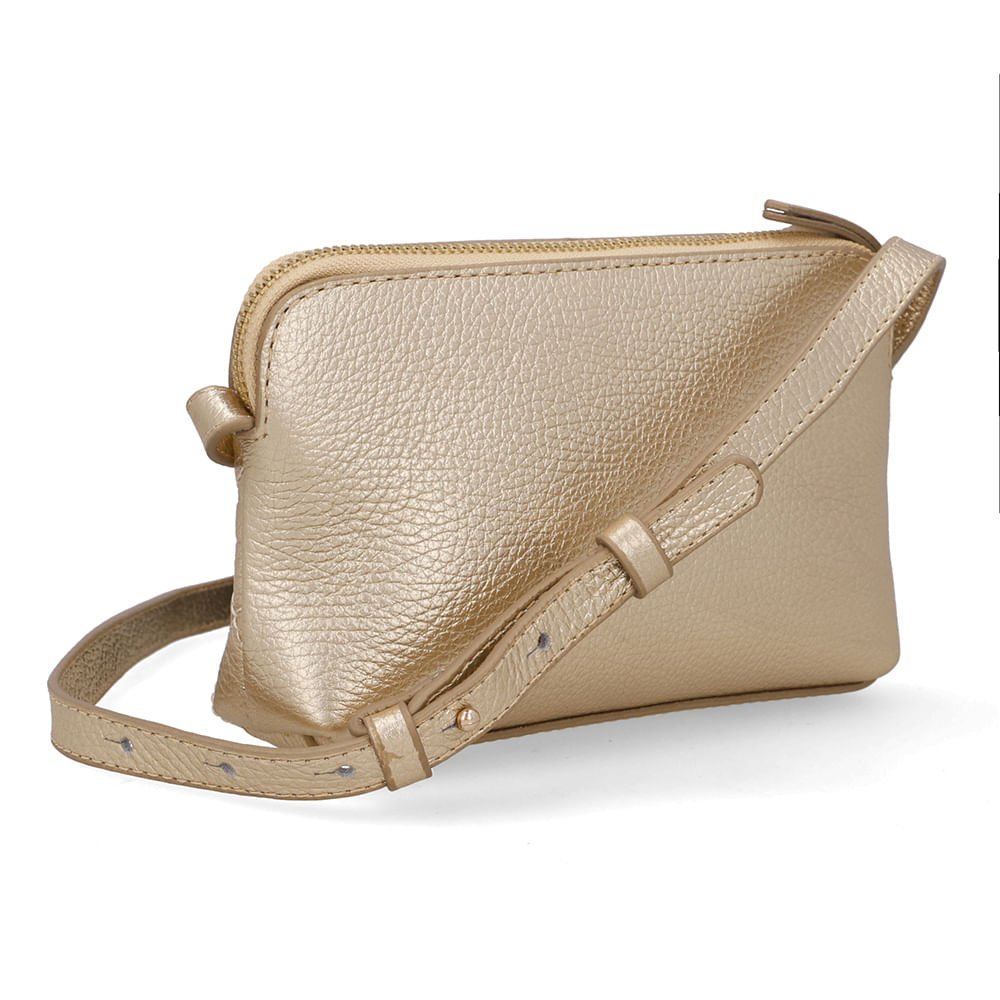 Bolsa Tiracolo Couro Metalizada Ouro Alça Longa Dourado 2