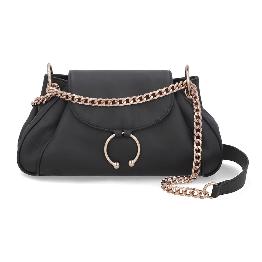Bolsa Baguete Couro Preto Alça Corrente