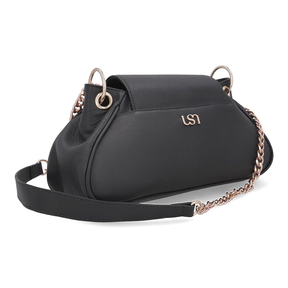 Bolsa Baguete Couro Preto Alça Corrente Preto 2