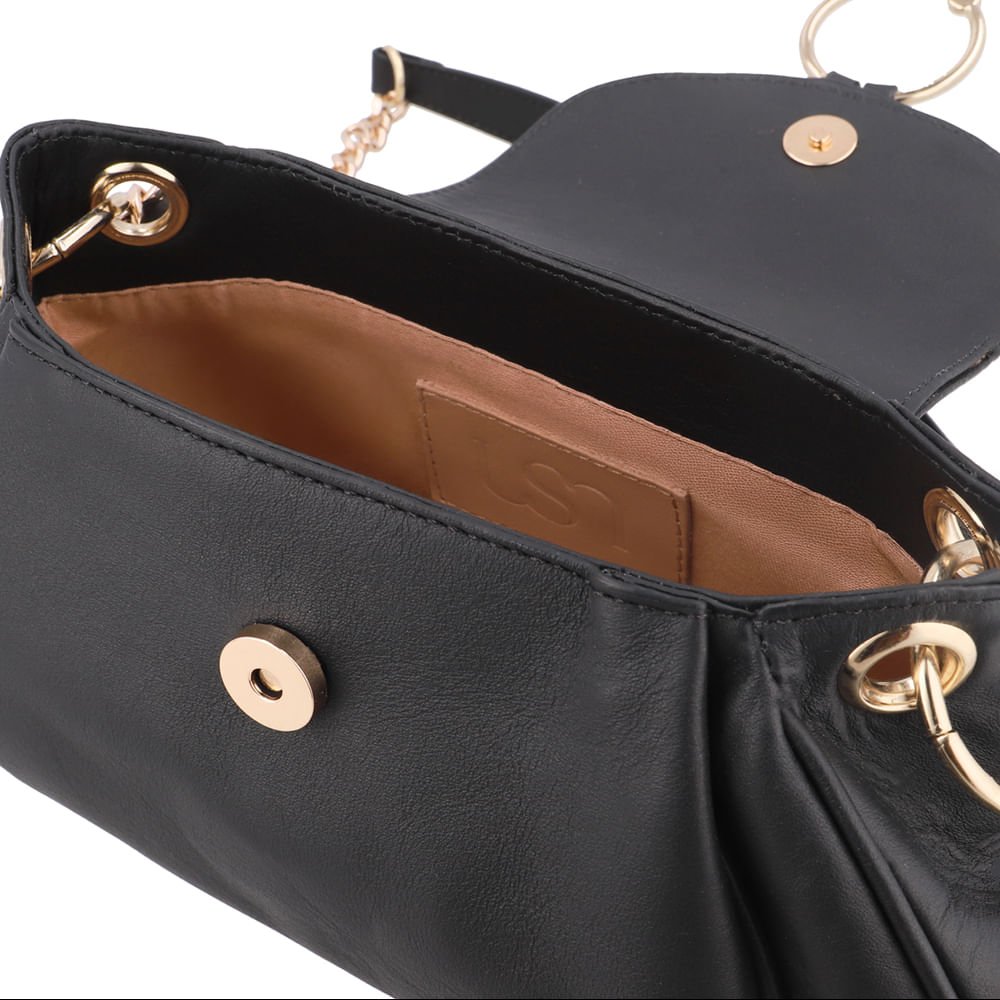 Bolsa Baguete Couro Preto Alça Corrente Preto 3