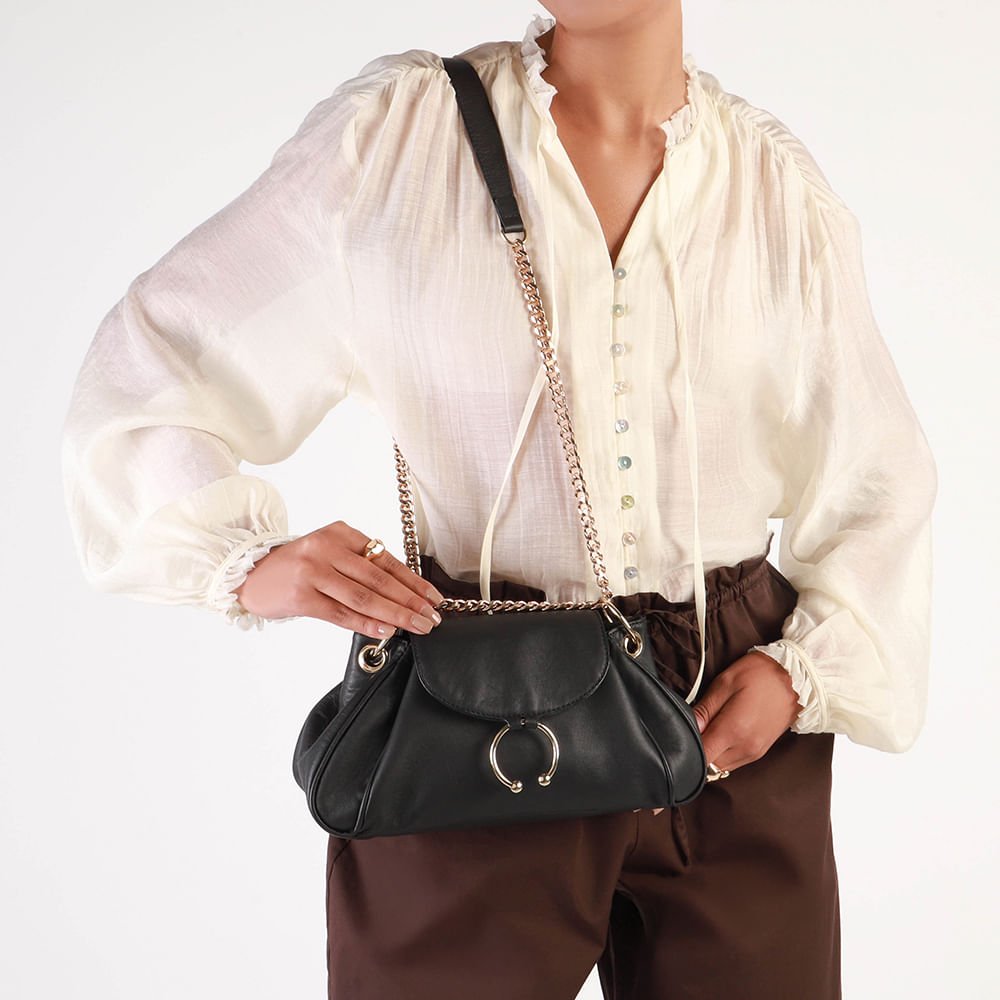 Bolsa Baguete Couro Preto Alça Corrente Preto 4