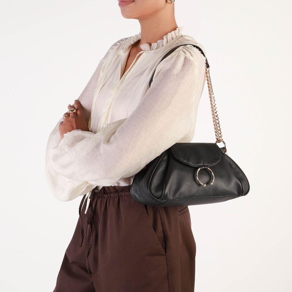 Bolsa Baguete Couro Preto Alça Corrente Preto 5