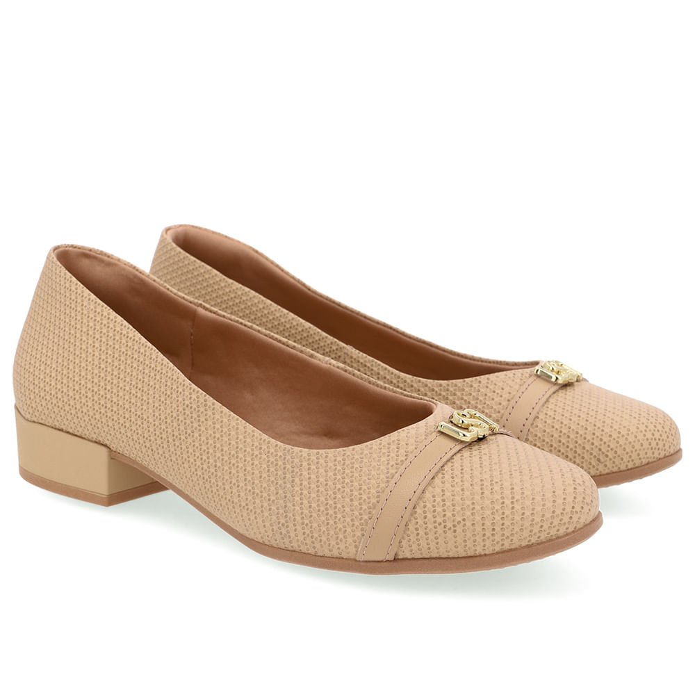 Scarpin Bege Salto Bloco Couro Monograma Bege 2