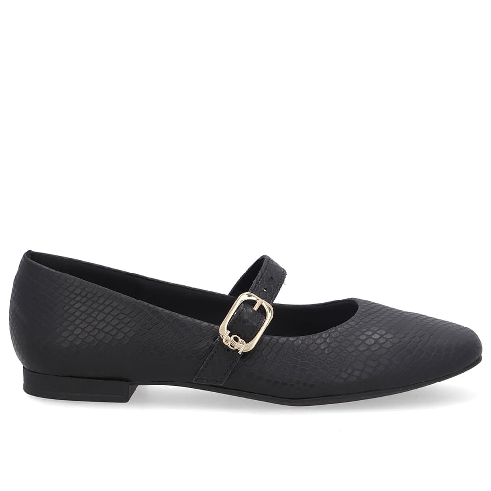 Sapatilha Boneca Preta Couro Bico Quadrado