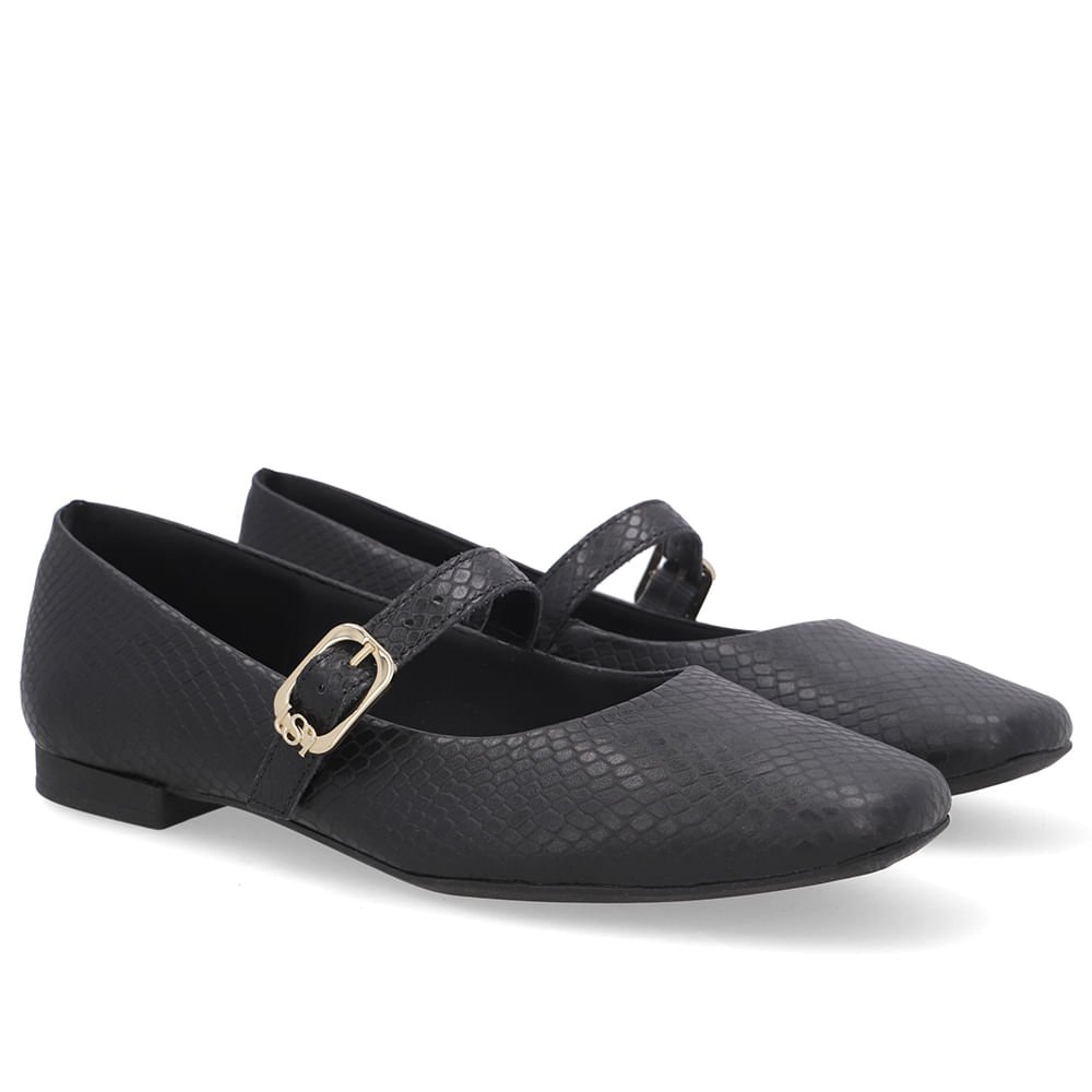 Sapatilha Boneca Preta Couro Bico Quadrado Preto 2