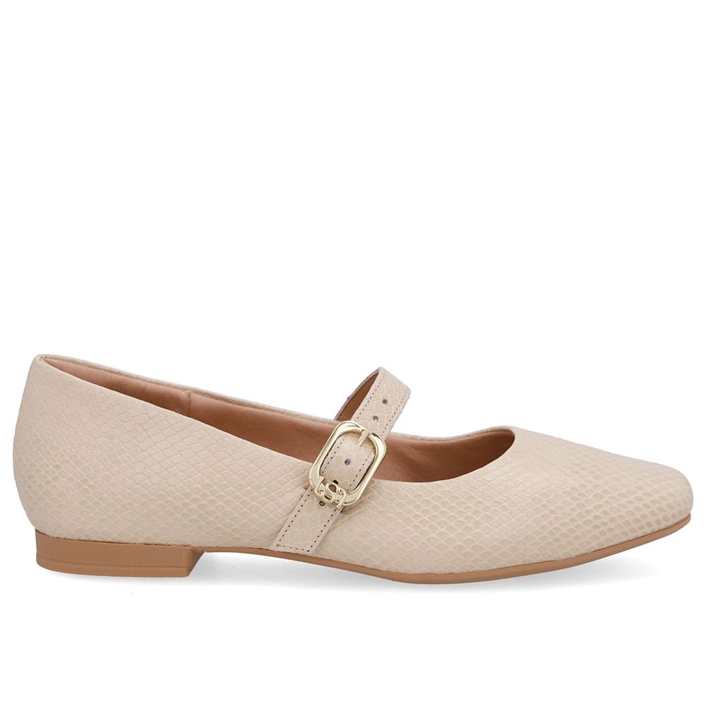 Sapatilha Boneca Bege Couro Bico Quadrado