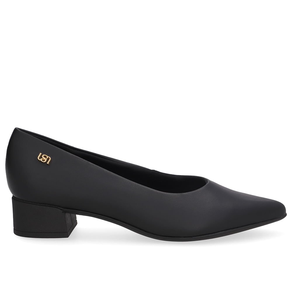 Scarpin Preto Salto Bloco Couro Bico Fino