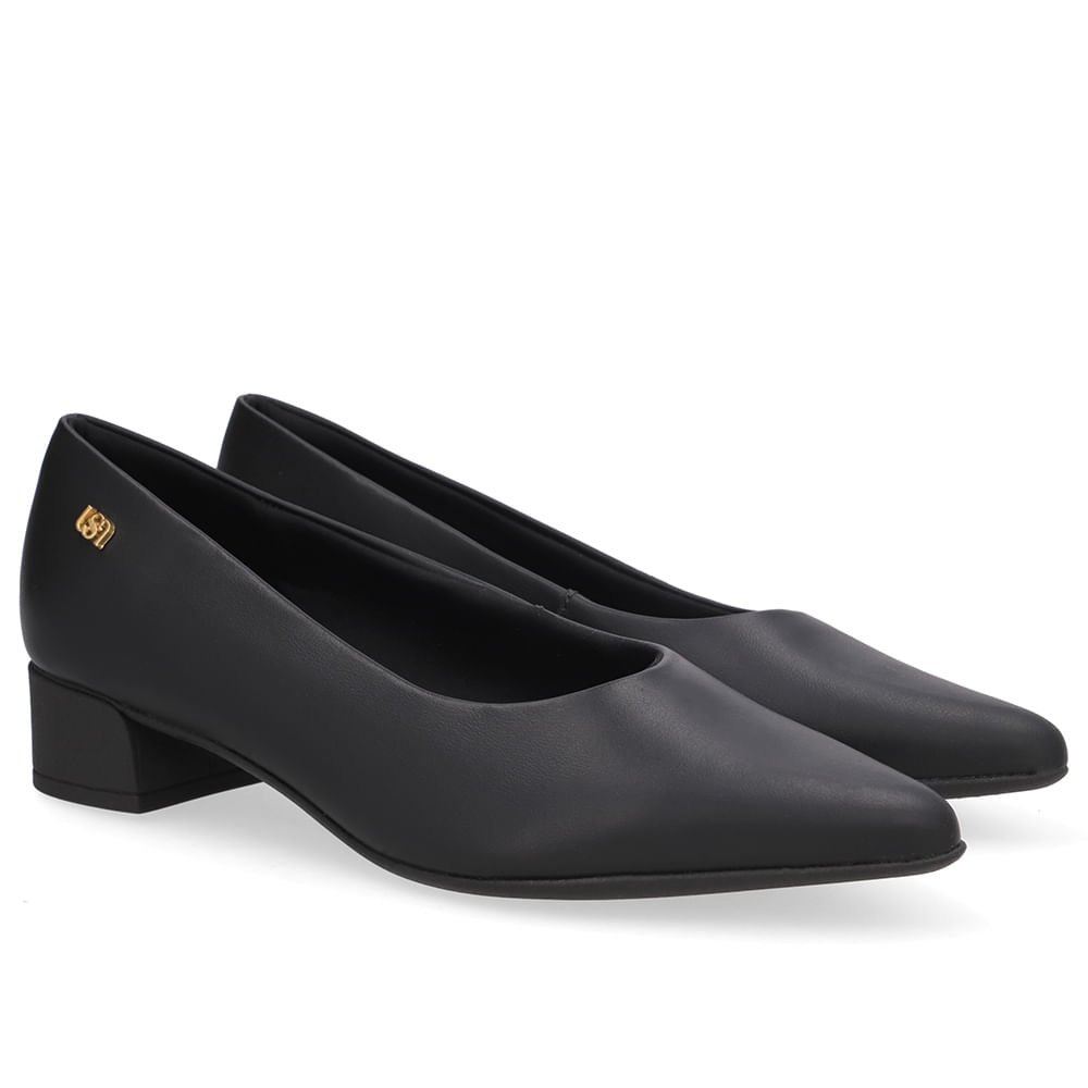 Scarpin Preto Salto Bloco Couro Bico Fino Preto 2