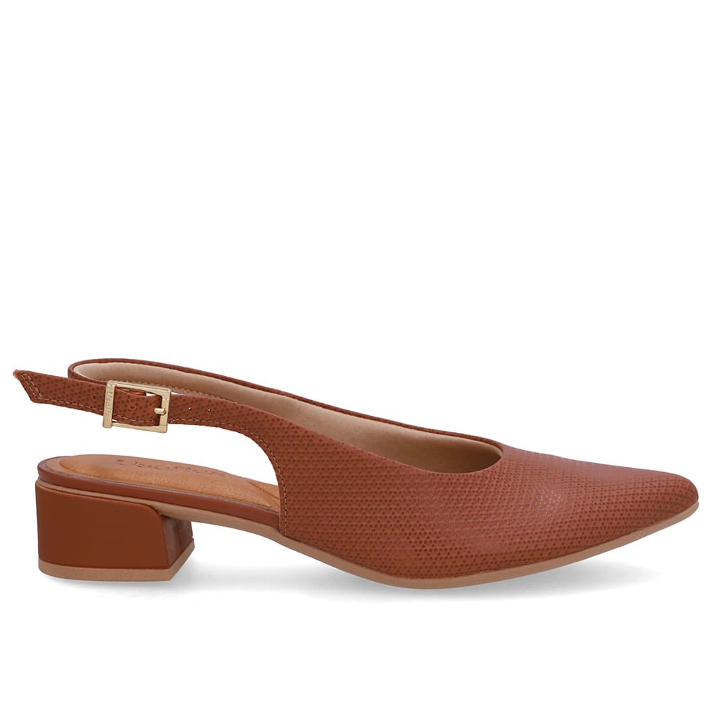 Slingback Marrom Salto Bloco Couro Bico Fino