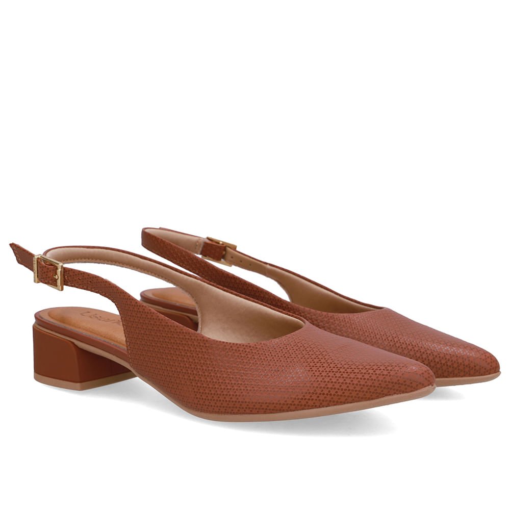 Slingback Marrom Salto Bloco Couro Bico Fino Marrom 2