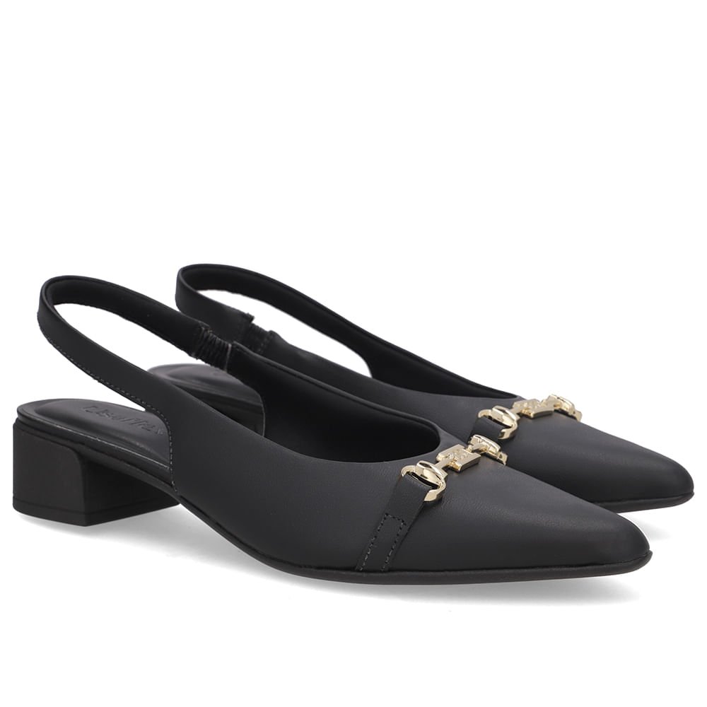 Slingback Preto Couro Bico Fino Bridão Preto 2