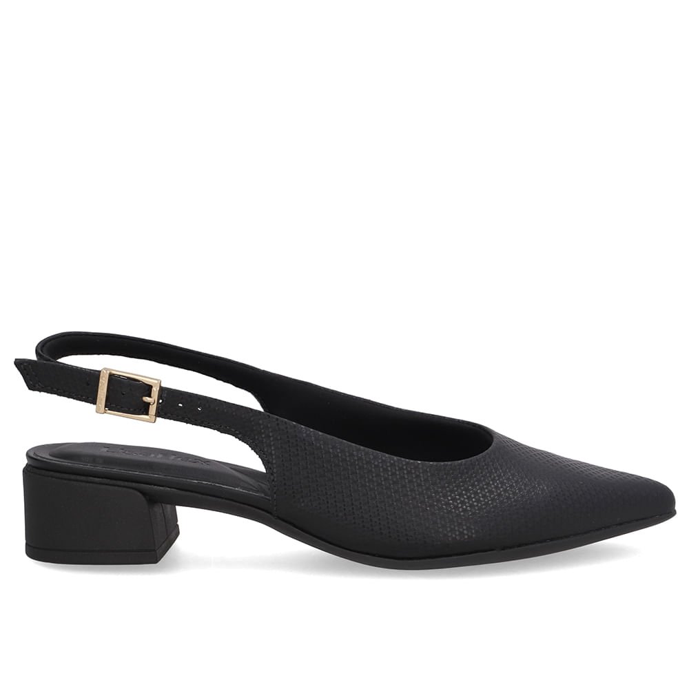 Slingback Preto Salto Bloco Couro Bico Fino