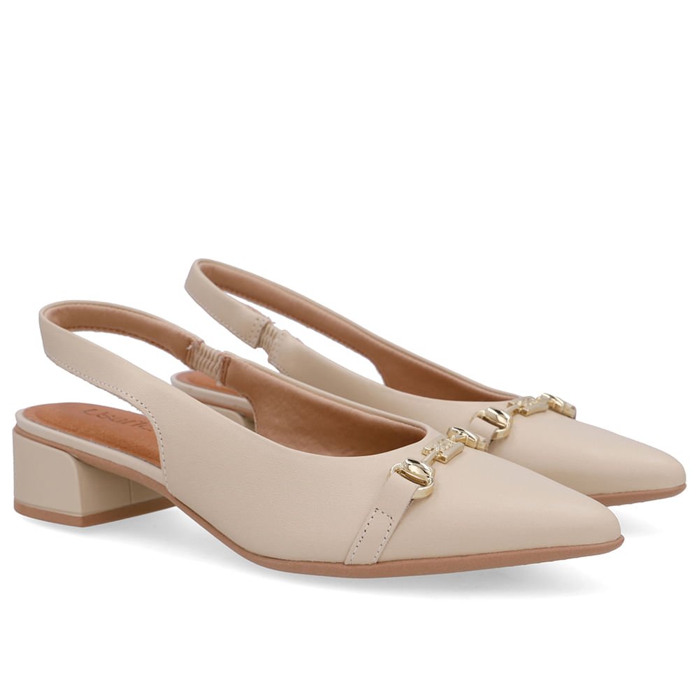 Slingback Bege Couro Bico Fino Bridão Bege 2