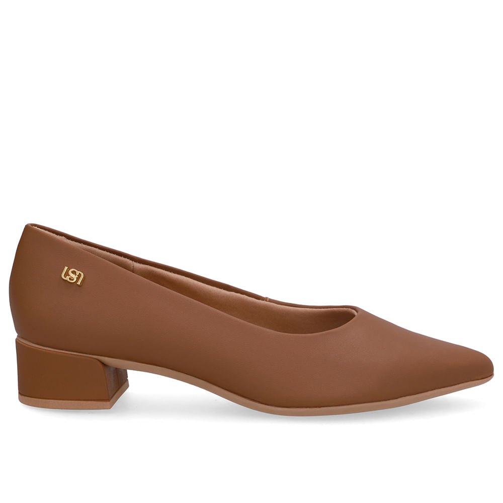 Scarpin Marrom Salto Bloco Couro Bico Fino