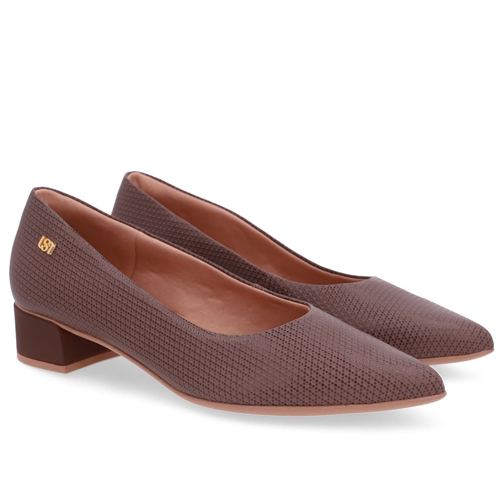 Scarpin Marrom Salto Bloco Couro Bico Fino Marrom 2