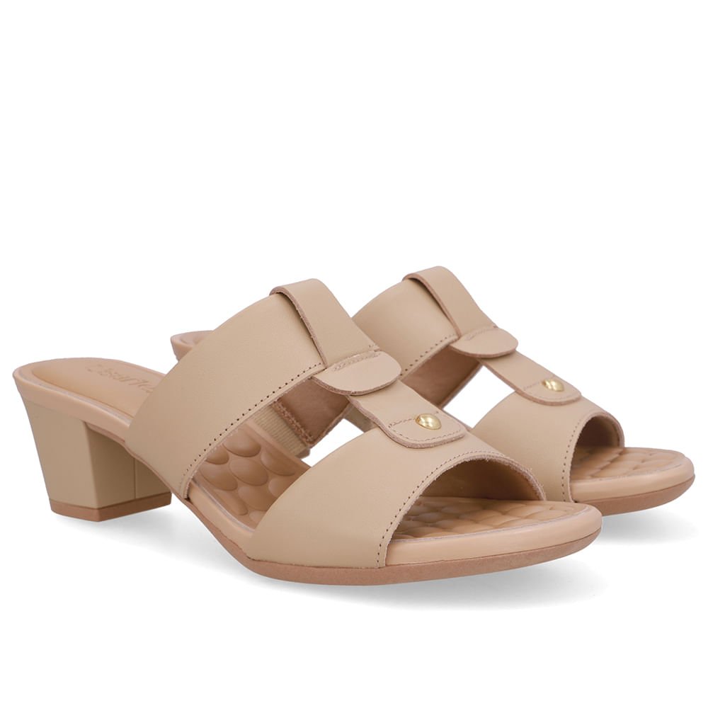 Tamanco Salto Bloco Couro Bege Bege 2