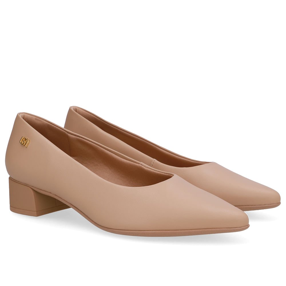 Scarpin Bege Salto Bloco Couro Bico Fino Bege 2