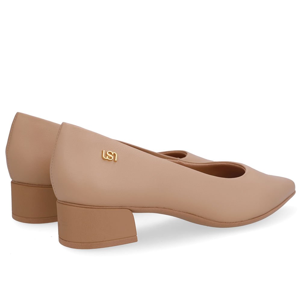 Scarpin Bege Salto Bloco Couro Bico Fino Bege 3
