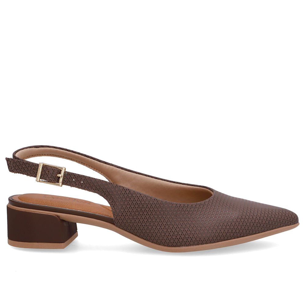 Slingback Marrom Salto Bloco Couro Bico Fino