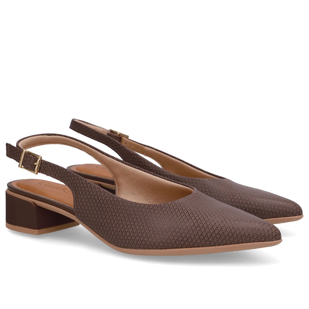Slingback Marrom Salto Bloco Couro Bico Fino Marrom 2
