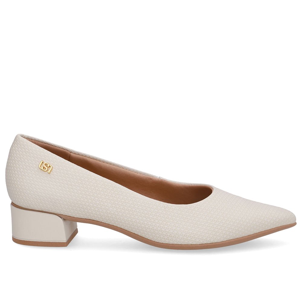 Scarpin Branco Marfim Salto Bloco Couro Bico Fino