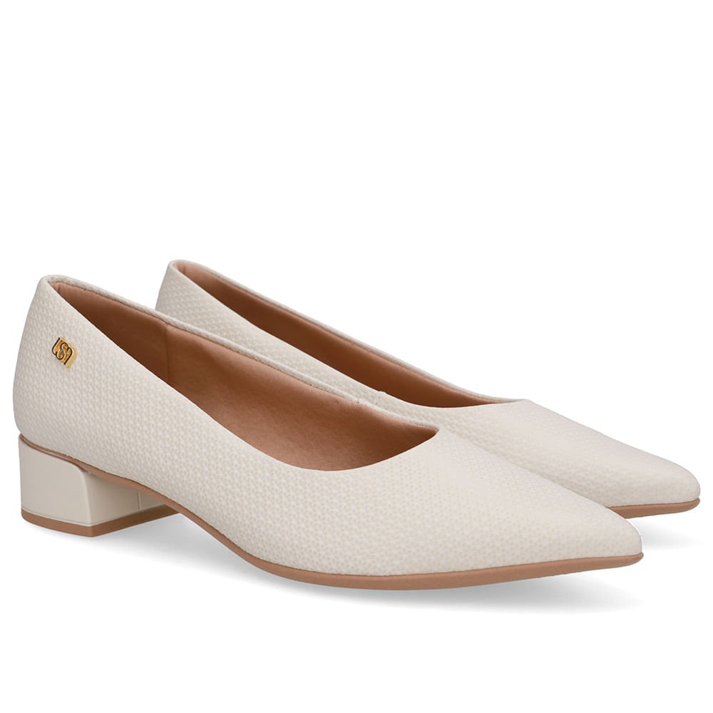 Scarpin Branco Marfim Salto Bloco Couro Bico Fino Marfim 2