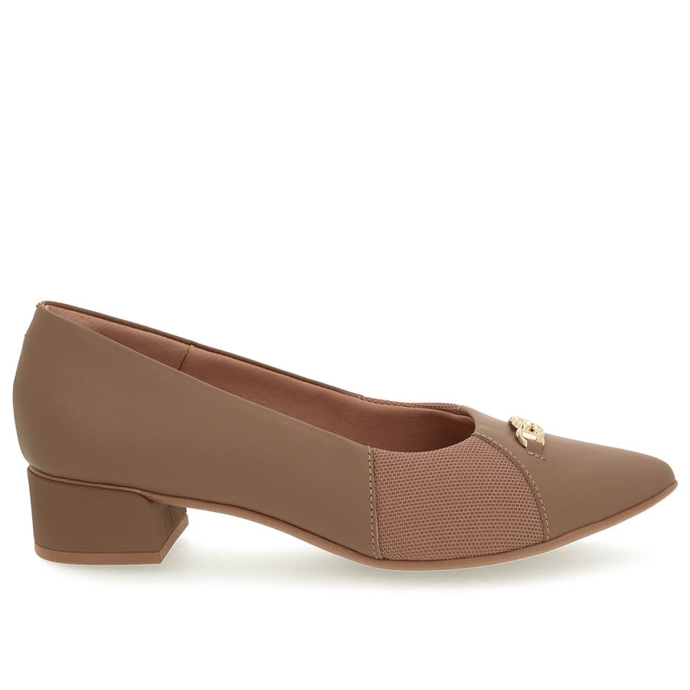Scarpin Marrom Salto Bloco Couro Lateral Tecido