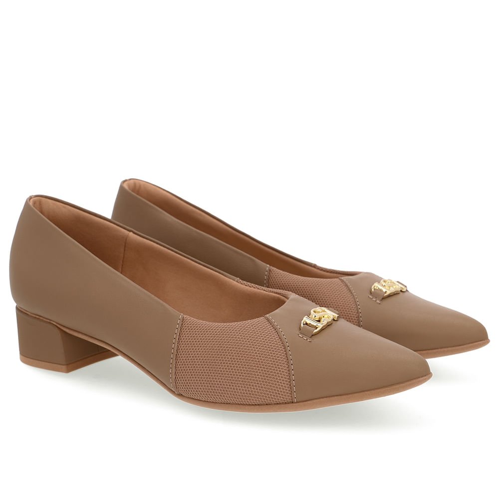 Scarpin Marrom Salto Bloco Couro Lateral Tecido Marrom 2