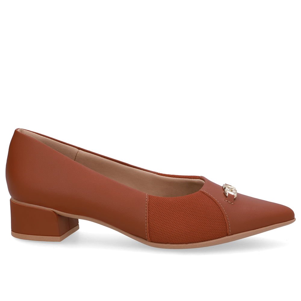 Scarpin Marrom Salto Bloco Couro Lateral Tecido