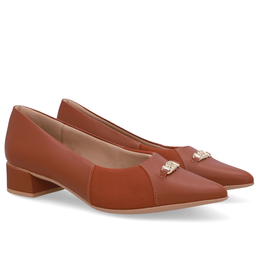 Scarpin Marrom Salto Bloco Couro Lateral Tecido Marrom 2